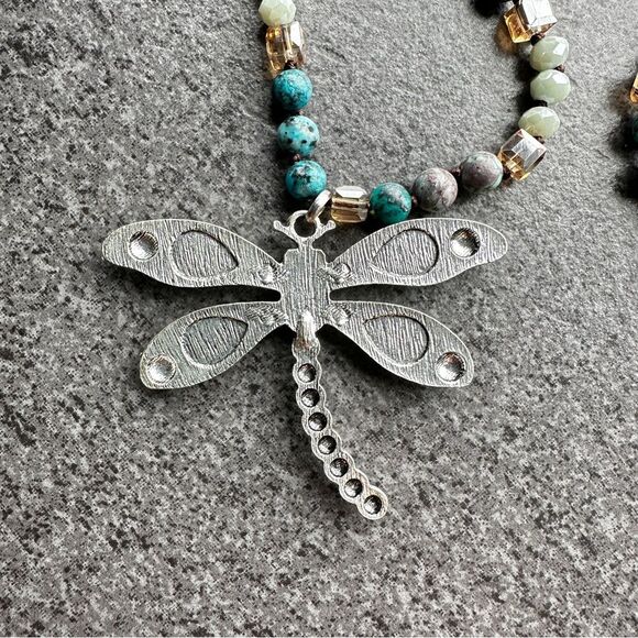 NEW Long Knotted Multi-color Bead Necklace Silver & Turquoise Dragonfly Pendant - Picture 4 of 9